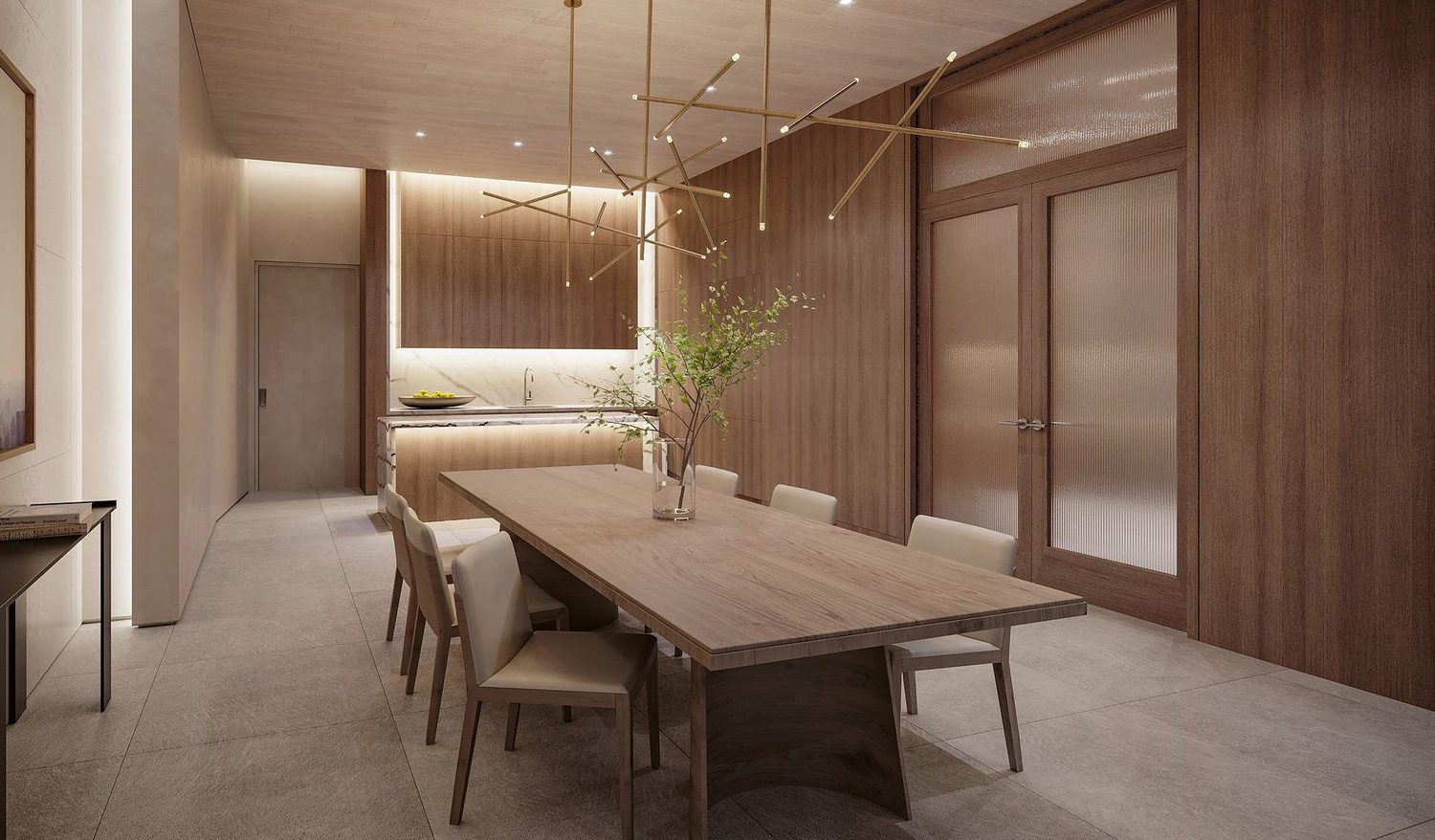 Dining table in a timber-lined entertaining space