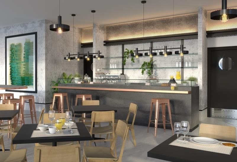 Breakfast bar with pendant lighting and planting