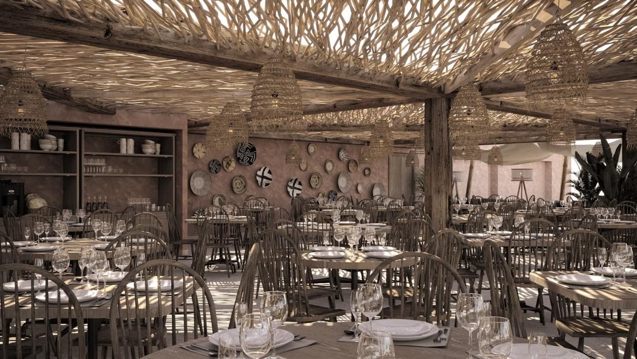 Terrace restaurant under a woven pergola