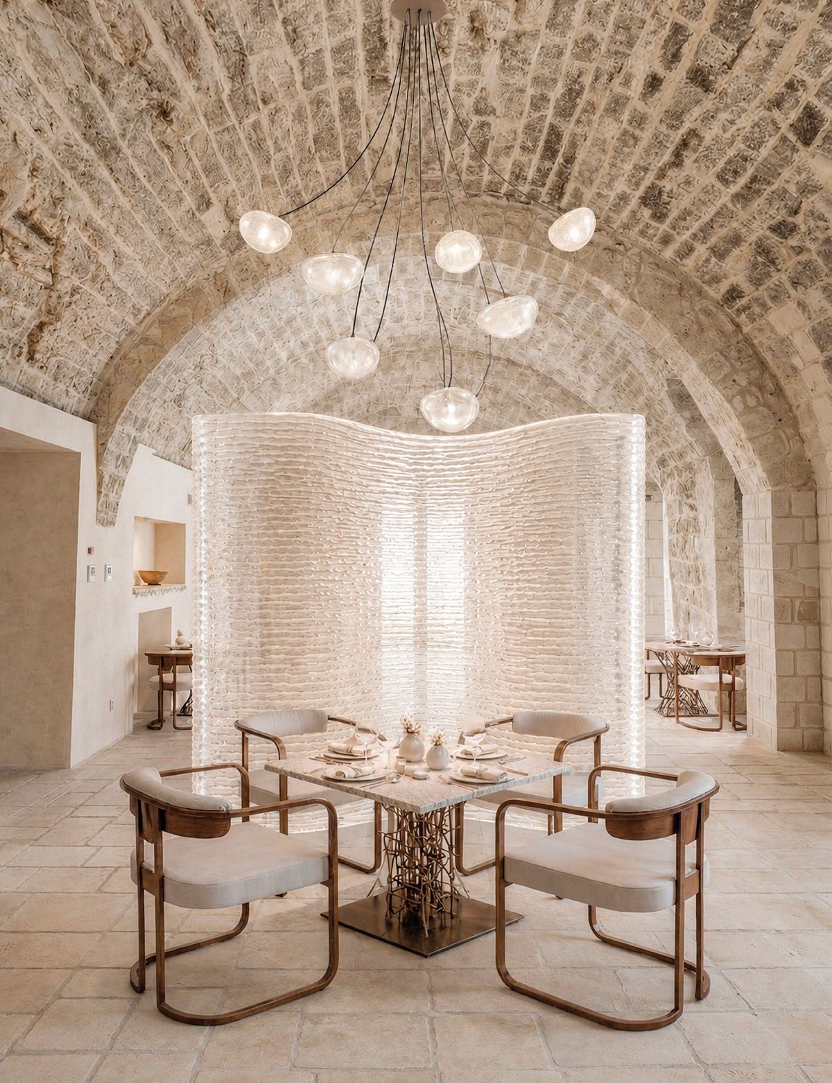 Dining table set beneath a vaulted stone ceiling with a sculptural light feature