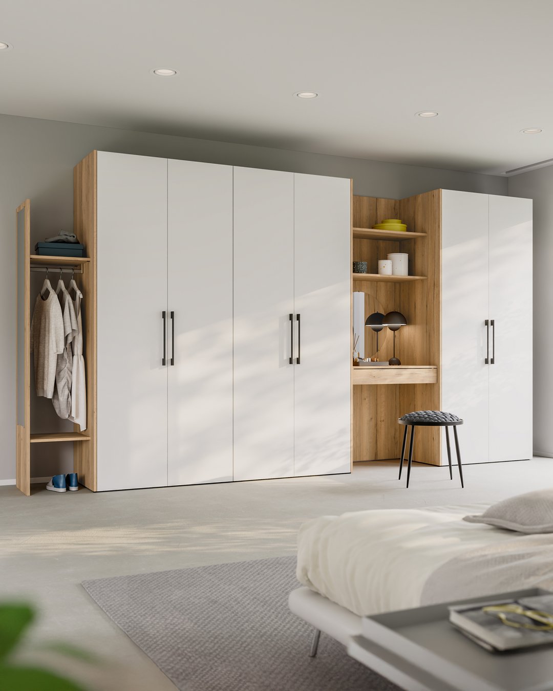 White & Oak Wardrobe with Vanity Nook